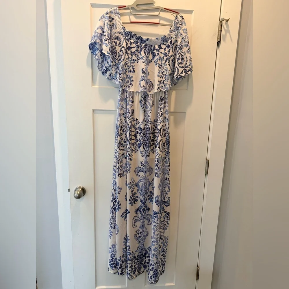 Show Me Your Mumu Blue White Damask Maxi Dress Off Shoulder XS